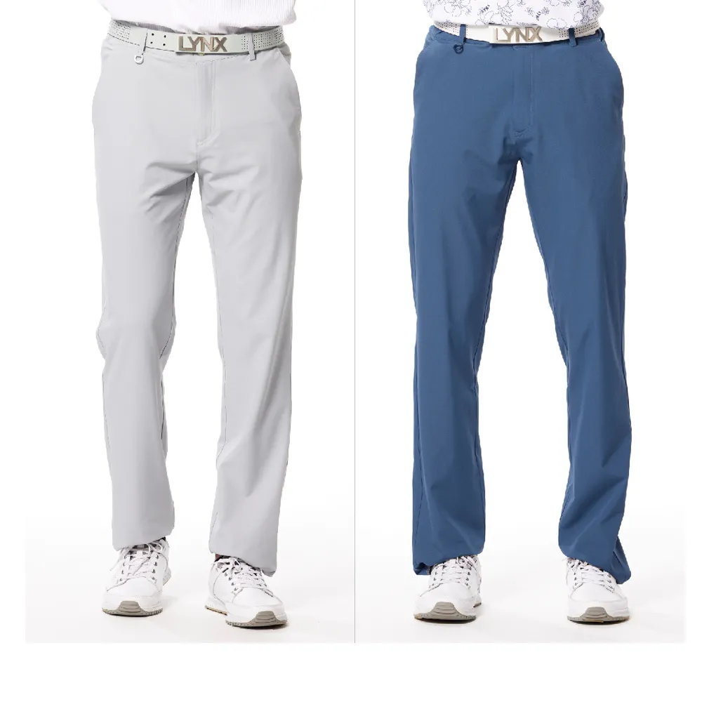 【Lynx Golf】男款彈性舒適素面外觀百搭後袋斜切造型設計平口休閒長褲(二色)