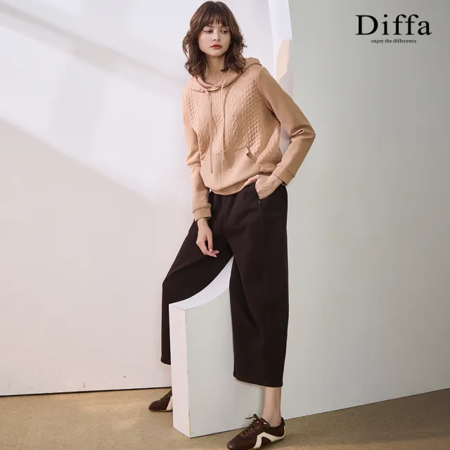 【Diffa】連帽異素材拼接貼袋針織衫-女