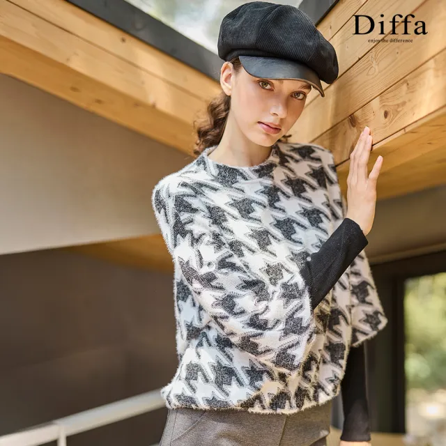 【Diffa】千鳥格織紋立領落肩針織衫-女