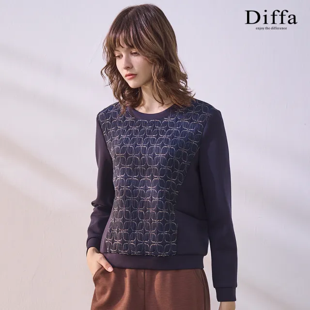 【Diffa】幾何織紋異素材拼接針織衫-女