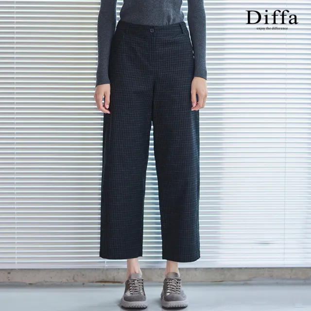 【Diffa】黑格織紋褲口車褶長褲-女