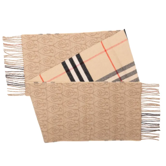 【BURBERRY 巴寶莉】喀什米爾羊毛盾牌格紋雙面圍巾(米色)