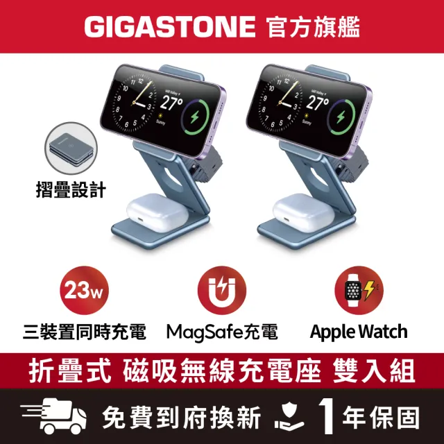 【Gigastone 立達國際】2入組 三合一23W折疊式磁吸無線充電座(iPhone17/蘋果耳機及手錶/MagSafe充電盤)