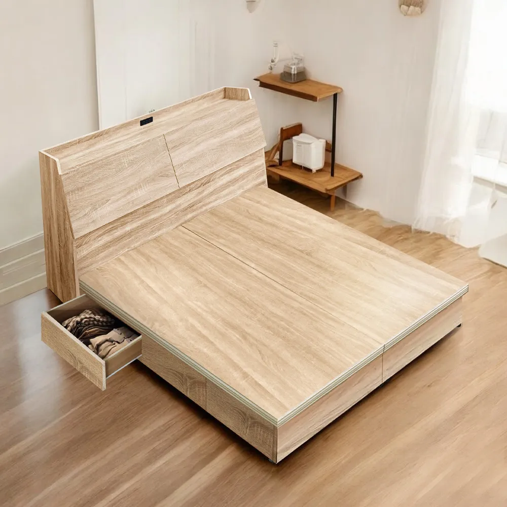 【A FACTORY 傢俱工場】吉米 MIT木心板床組 插座床箱+6抽底 - 雙人5尺