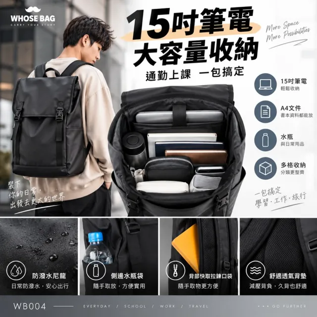 【WHOSE BAG】雙11 買一送一 大容量防潑水後背包 15吋筆電包 A4多隔層通勤雙肩包 送工裝斜背包 側背包 男女