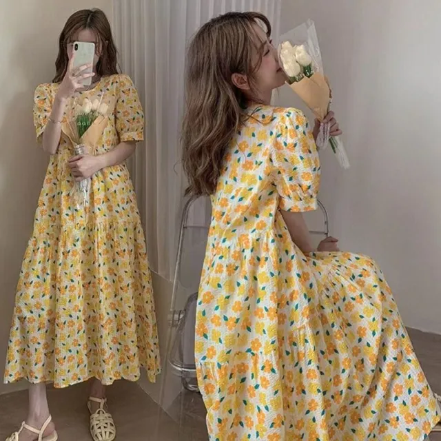 【AKARA】中大尺碼 女裝 韓式新潮休閒甜美碎花長裙洋裝 #dress #akara #style