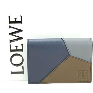 【LOEWE 羅威】Puzzle 拼圖切線小牛皮撞色對折卡片夾 皮夾(藍灰x海軍藍 信用卡夾 )