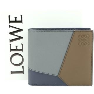 【LOEWE 羅威】Puzzle 拼圖切線小牛皮撞色4卡對折零錢袋短夾(藍灰x海軍藍 卡片零錢包 男夾)