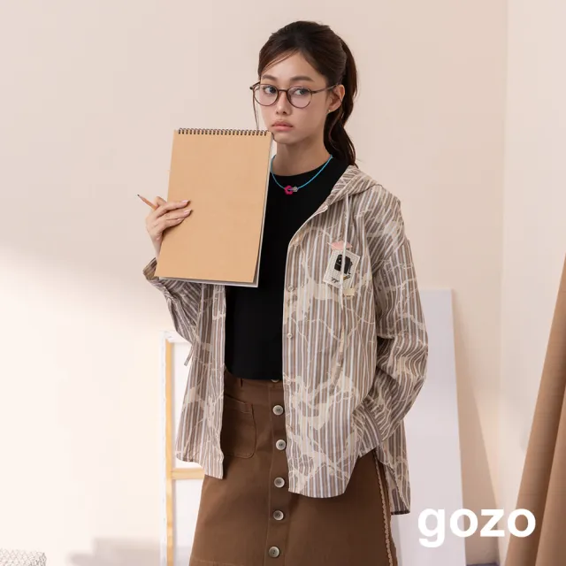 【gozo】條紋印染連帽開襟襯衫(深咖/淺藍)