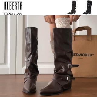 【Alberta】筒高34cm 底厚4cm 筒圍39cm 粗跟高筒靴 尖頭堆堆靴 長筒靴子 褲管靴 騎士靴 2色