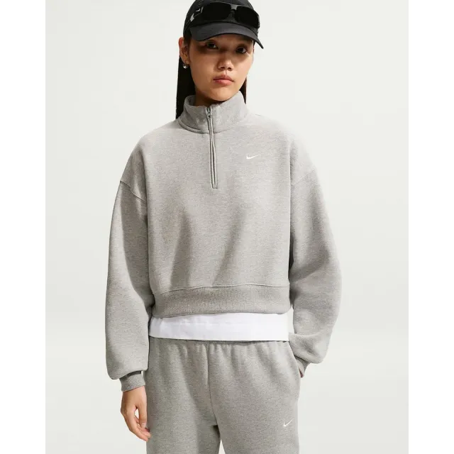 【NIKE 耐吉】半開襟上衣 女 AS W NK STDO FLC MW OS CROP QZ 運動 休閒 短版 寬鬆 karina 灰 (IM8543063)