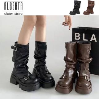 【Alberta】偏小 筒高25.5cm 底厚5.5cm 筒圍36cm 粗跟厚底美拉德靴子 堆堆靴 褲管靴 2色