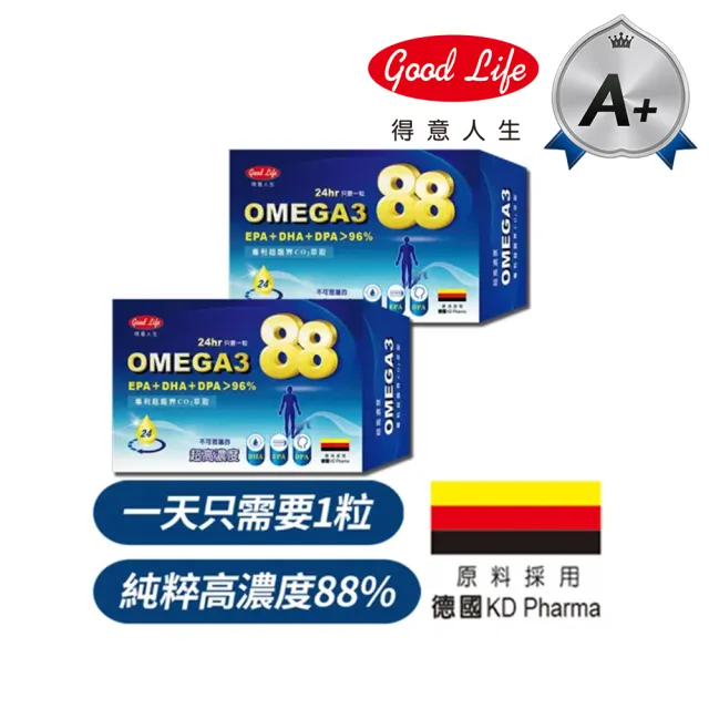 【得意人生】德國超高濃度OMEGA3 88魚油軟膠囊二入組(共60粒 DHA 魚油 OMEGA-3)