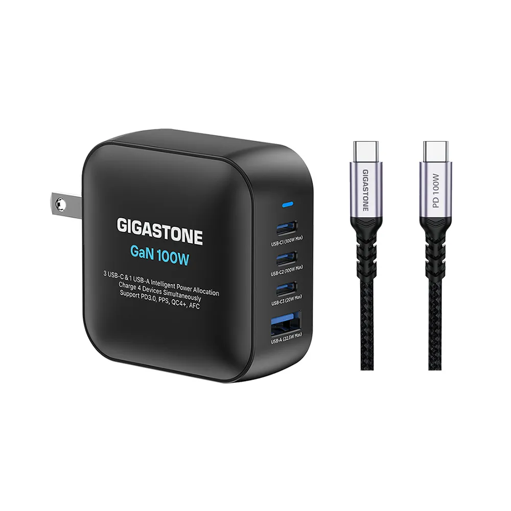 【Gigastone 立達國際】100W 氮化鎵四孔USB-C充電器+C to C 100W傳輸充電線(iPhone17/MacBook快充充電頭)