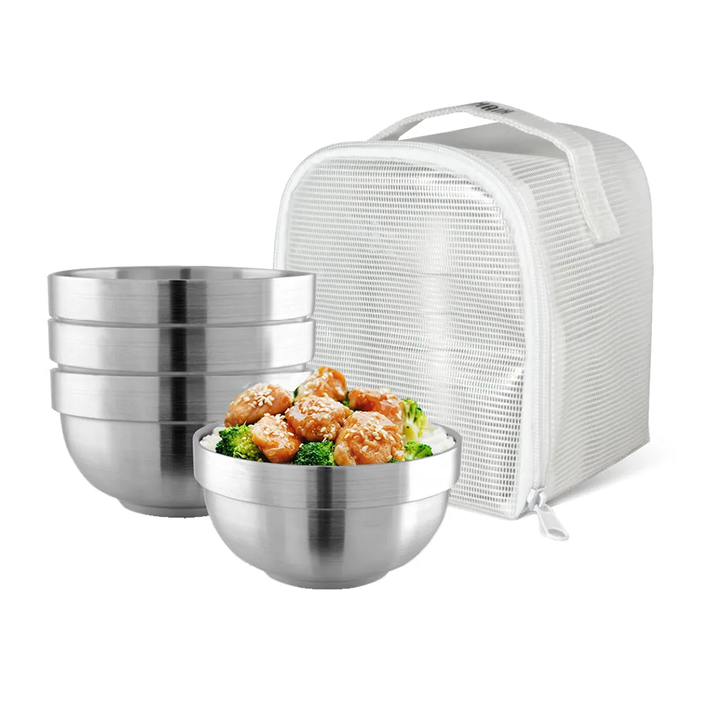 【SADOMAIN 仙德曼】（4入組）316不鏽鋼雙層隔熱碗袋裝組14cm(隔熱碗/餐碗/飯碗/湯碗/戶外/露營)