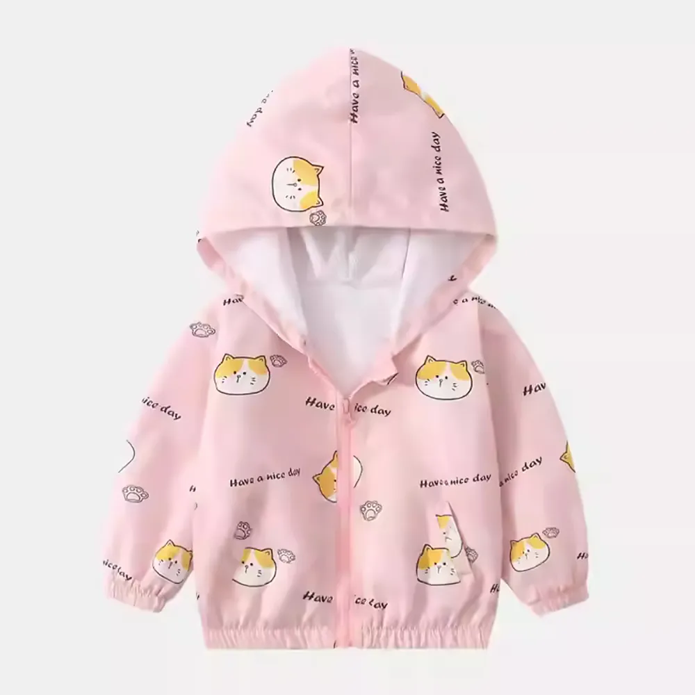 【時尚Baby】童裝女童薄外套粉色可愛貓咪防風外套(女中小童薄外套休閒外套連帽春夏秋外套)