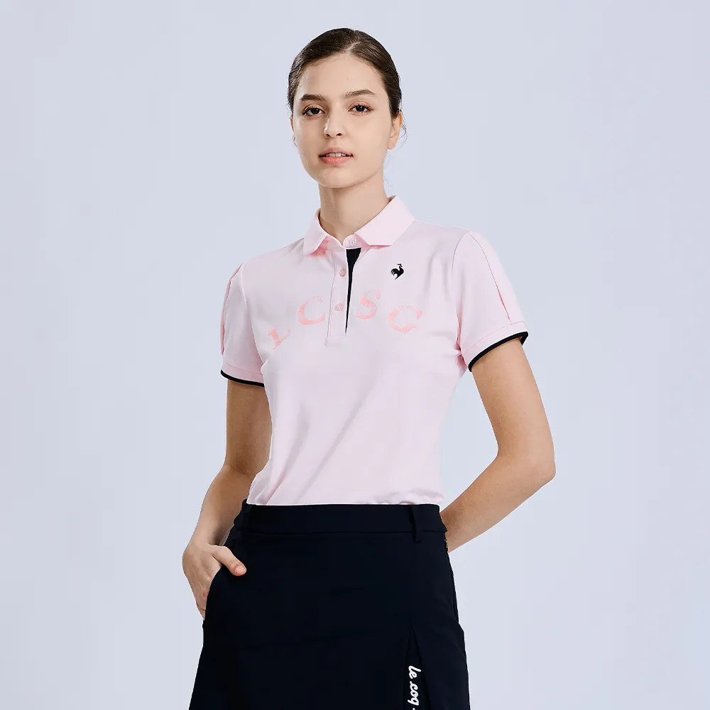 【LE COQ SPORTIF 公雞】高爾夫系列 女款粉紅色吸汗速乾彈性防曬短袖POLO衫 QLX2T203