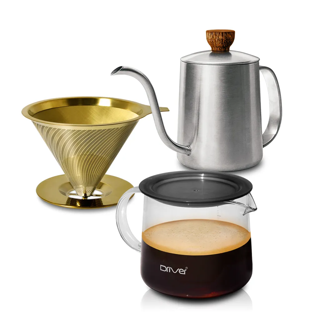 【Driver】經典鈦黃金手沖咖啡禮盒 1-2cup(手沖壺 咖啡濾杯 不鏽鋼濾杯 耐熱玻璃壺 送禮推薦 咖啡套組)