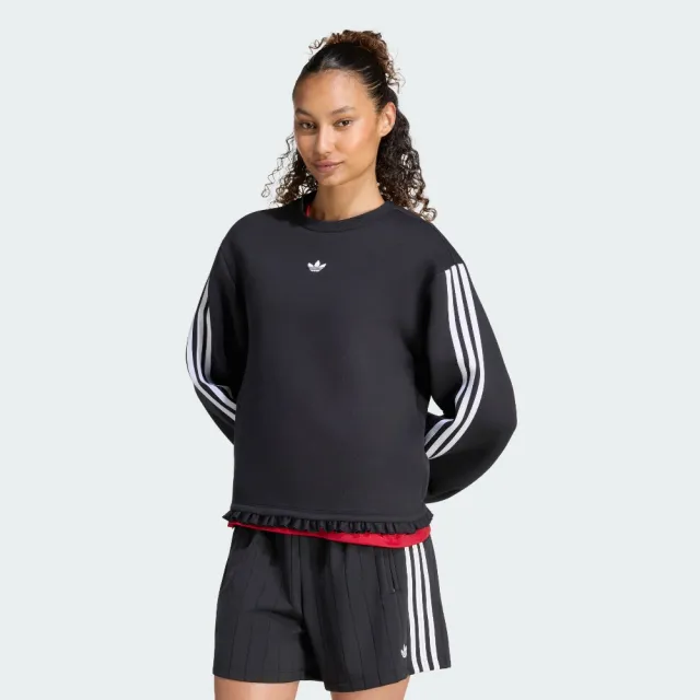 【adidas 愛迪達】長袖上衣 女 寬鬆版型 亞規 三葉草 PLEATED SP CREW 黑 LG4328