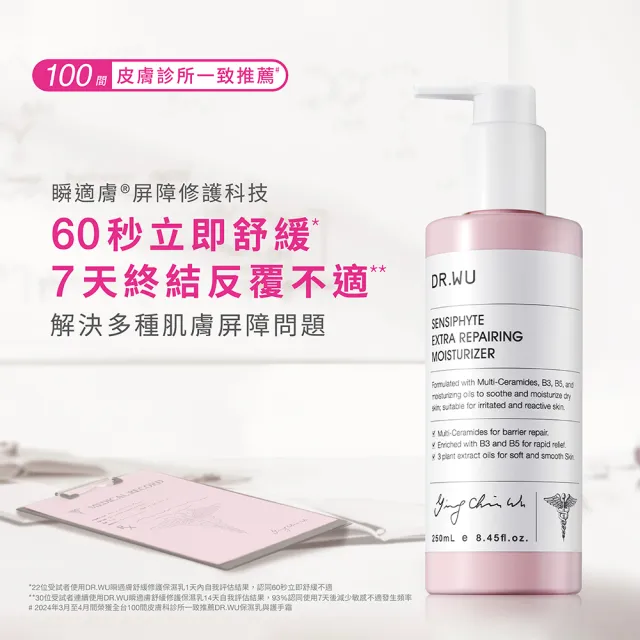 【DR.WU 達爾膚】瞬適膚舒緩修護保濕乳250ML(2入組)