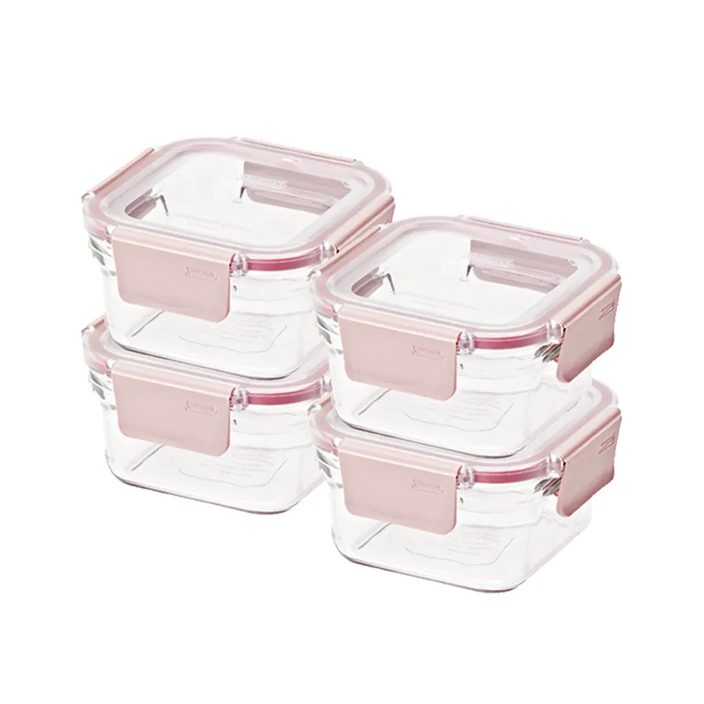 【Glasslock】韓國製 櫻花粉晶透 強化玻璃保鮮盒4入組-正方形440mlX4入(微波烤箱適用)