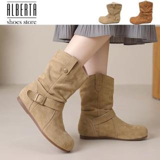 【Alberta】筒高20cm 底厚1cm 筒圍32cm 美拉德內增高3cm 堆堆靴 平底短靴 中筒靴 2色