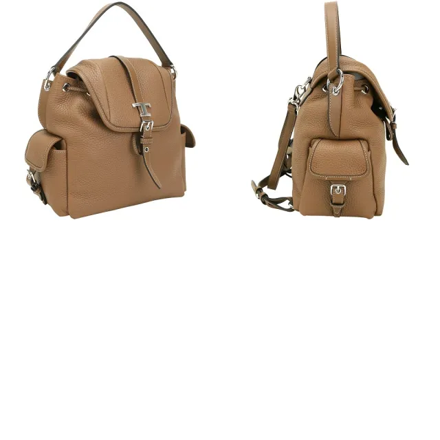 【TOD’S】TODS T Timeless T字荔紋牛皮束口抽繩翻蓋手提 肩斜背 後背包(2色可選 雙肩包 真皮)