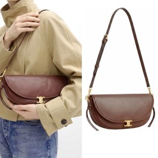 【CELINE】賽琳 Soft Triomphe Halfmoon 小款 凱旋門標誌小羊皮手提 肩背半月包(深棕色 腋下包)