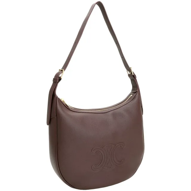 【CELINE】賽琳 Heloise 凱旋門浮雕粒面小牛皮手提 肩背半月包(酒紅色 流浪包 半月包)