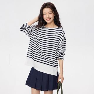 【GIORDANO 佐丹奴】女裝船領撞色條紋純棉長袖T恤(多色任選)