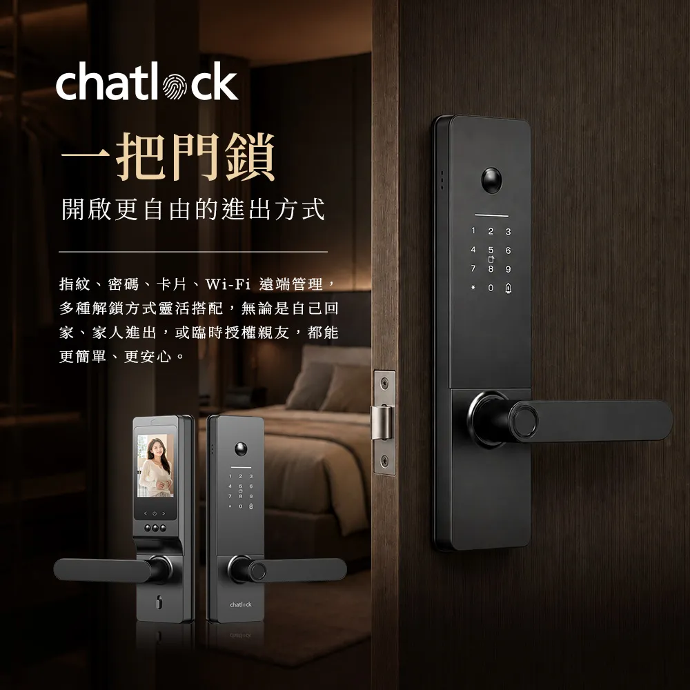 【chatlock】日本製頂級電子門鎖 H30貓眼螢幕握開式 - 經典黑