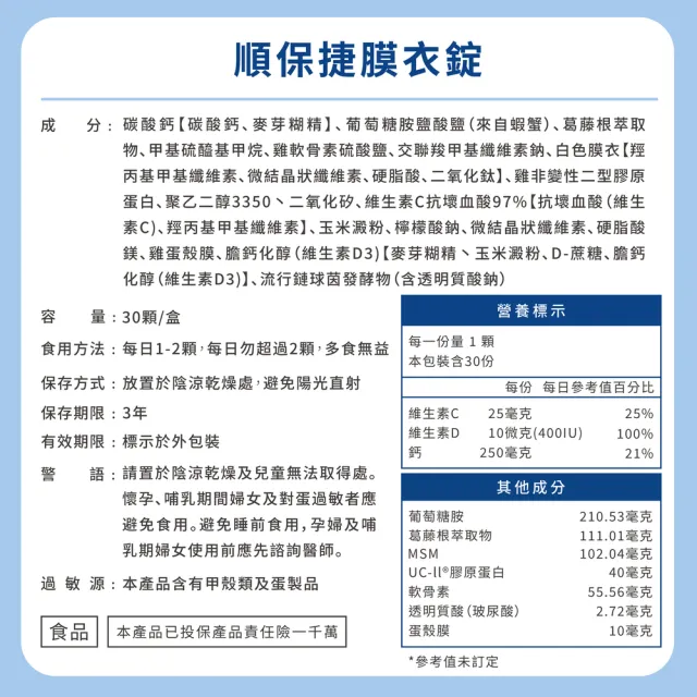 【JS 珠驤】順保捷膜衣錠2盒組(一盒30顆 10合1專利成分 專利UC-II 專利膜衣好吞嚥 靈活首選)