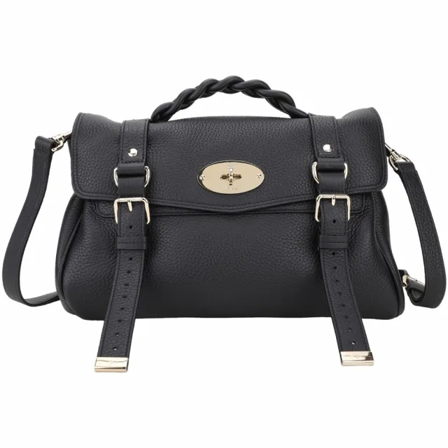 【MULBERRY】Alexa 大款 郵差鎖釦 粒面牛皮手提 斜背包(黑色 學院包 通勤包 英國精品)
