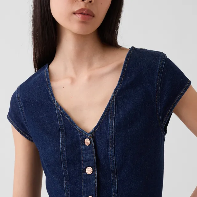 【GAP】貼身牛仔荷葉邊上衣-深色水洗(913927)