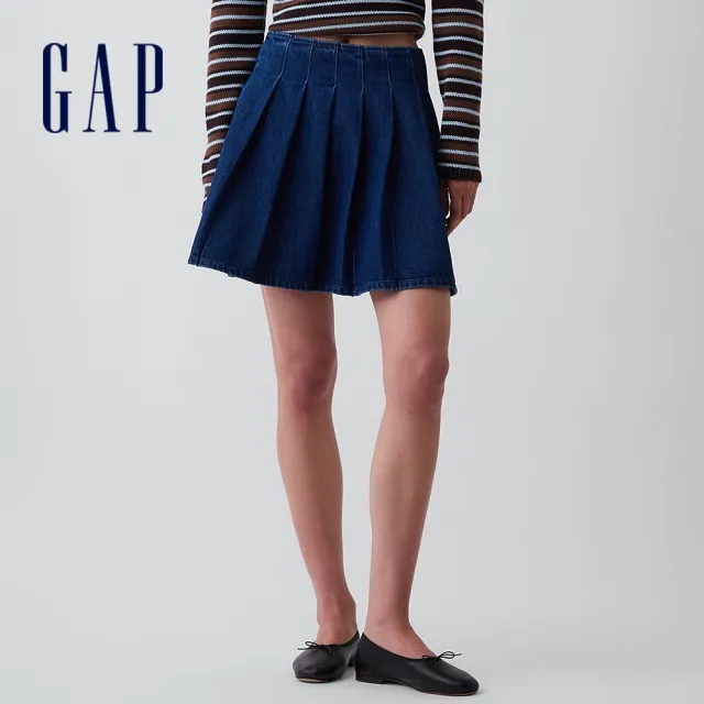 【GAP】牛仔百褶迷你裙-深色水洗(912716)