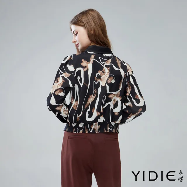 【YIDIE】抽象印花翻領雪紡上衣-黑