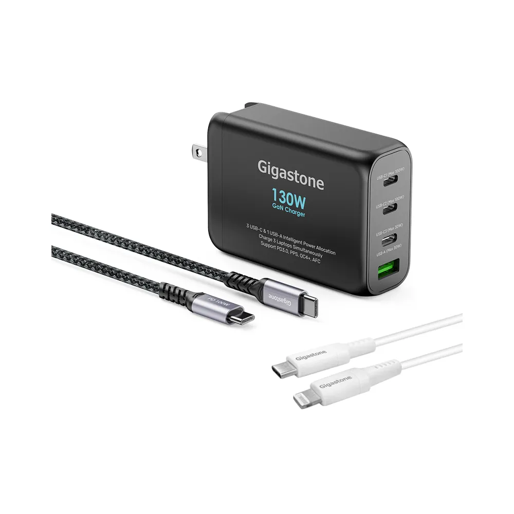 【Gigastone 立達國際】130W GaN氮化鎵四孔充電器 黑 /TypeC 100W快充線/60W蘋果快充線