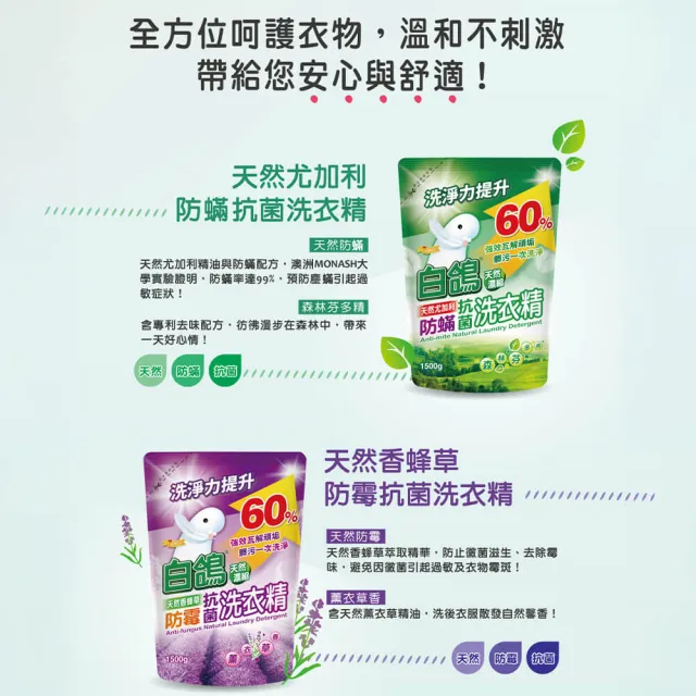 【白鴿】天然抗菌/抗病毒洗衣精補充包x6包(新升級配方上市 多款可任選)