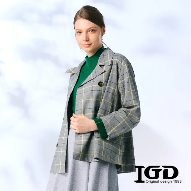 【IGD 英格麗】網路獨家特談-個性格紋排扣西裝外套(黑色)