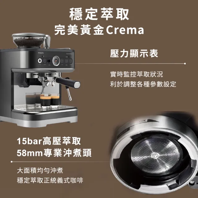 【Philips 飛利浦】飛利浦半自動研磨義式咖啡機PSA3218/10 超值組:贈壓粉器+無底沖煮手柄(限量)