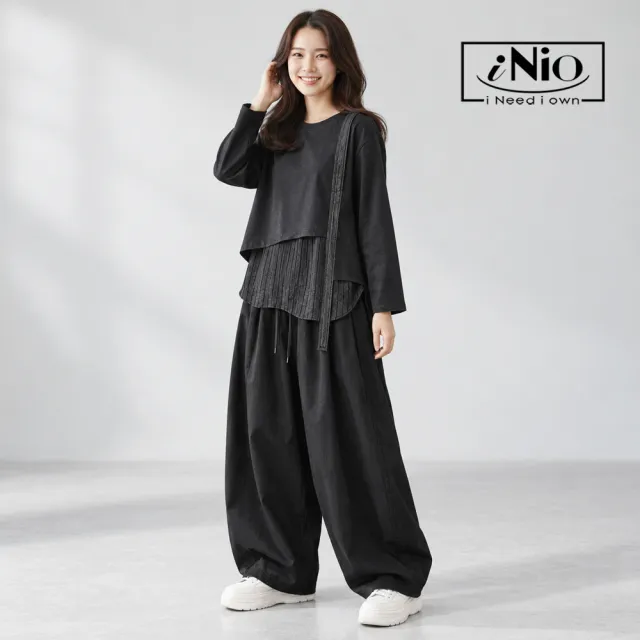 【iNio 衣著美學】打褶抽繩鬆緊腰繭型褲 女寬版微收褲腳長褲 隱形口袋休閒寬褲  CHW2506