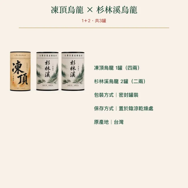 【台灣茶葉產銷協會】凍頂烏龍茶4兩＋杉林溪烏龍茶2兩 雙茶3入組｜罐裝(1+2)