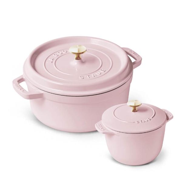 【STAUB】粉紅奶酪琺瑯鑄鐵鍋雙鍋組-圓鍋/黃銅頭24cm+飯鍋12cm(德國雙人牌集團官方直營)