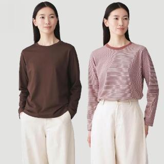 【MUJI 無印良品】女天竺圓領長袖T恤(白色/黑色/綠色/棕色/黑紋樣/磚紅紋樣/綠紋樣/灰棕紋樣)