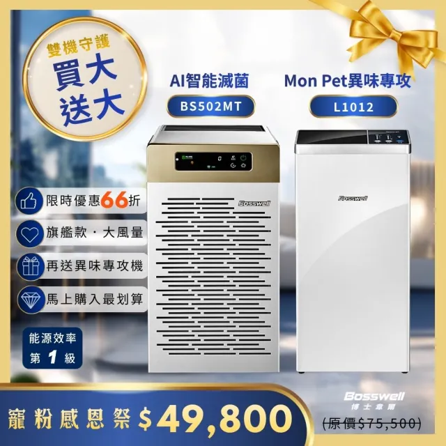 【BOSSWELL 博士韋爾】30坪內 AI智能滅菌零耗材清淨機 旗艦款 BS502MT(台灣製/紫外線殺菌/油煙剋星/無耗材)