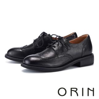 【ORIN】抓水洗牛皮雕花綁帶牛津鞋 黑色