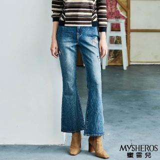 【MYSHEROS 蜜雪兒】復古喇叭牛仔褲 前釦拉鍊 蝴蝶刺繡(藍)
