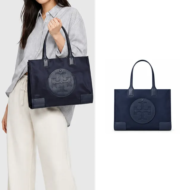 【TORY BURCH】ELLA 經典縫線LOGO小號尼龍托特包(小/深藍)