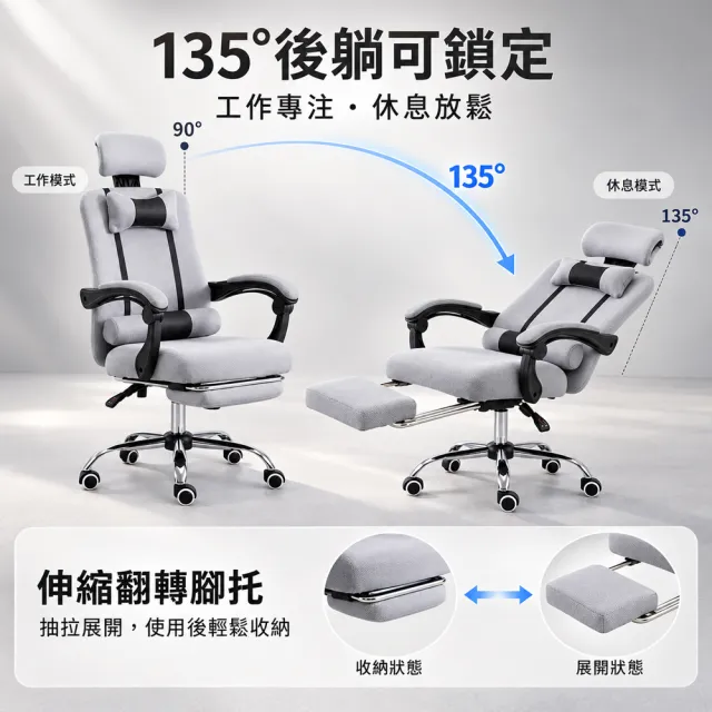 【C-FLY】英雄坐臥透氣網布電腦椅｜135°後躺・附腳靠・頸枕・震動腰枕（人體工學椅/辦公椅/書桌椅）