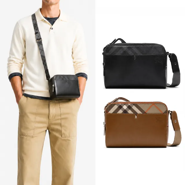 【BURBERRY 巴寶莉】BURBERRY經典格紋拼接牛皮斜背包(任選)